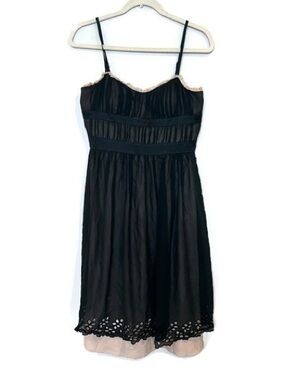 BCBG Paris Black Label Silk Dress with Nude Trim Spaghetti Strap Cocktail Dress